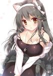  anchor_necklace animal_ears bare_shoulders between_legs black_shirt blush breasts brown_eyes cat_ears cherry_blossoms cleavage collarbone eyebrows_visible_through_hair grey_hair grey_skirt hair_between_eyes hair_ornament hairband hairclip hand_between_legs haruna_(kantai_collection) jacket jpeg_artifacts kantai_collection kemonomimi_mode large_breasts long_hair long_sleeves open_mouth pantyhose shigunyan shirt simple_background sitting skindentation skirt solo white_background white_hairband white_jacket 