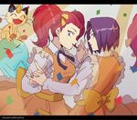  1girl 2boys crossdressing dress hand_holding kojirou_(pokemon) meowth musashi_(pokemon) nmnm_bbb pokemon pokemon_(anime) red_hair smile twintails 