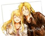  1girl blonde_hair closed_eyes coat couple edward_elric eyebrows_visible_through_hair frame fullmetal_alchemist grin hand_on_another's_shoulder happy heart hetero husband_and_wife jacket long_hair number open_mouth ponytail simple_background smile text_focus tsukuda0310 white_background winry_rockbell 