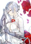  asymmetrical_hair bangs blue_eyes blurry breasts cleavage closed_mouth commentary_request covered_navel depth_of_field dress eyebrows_visible_through_hair flower gloves grey_gloves hair_between_eyes large_breasts nonomaro red_flower red_rose rose sidelocks silver_hair sinoalice snow_white_(sinoalice) solo upper_body white_dress 