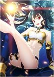  :d armlet bare_shoulders black_hair black_panties bow breasts cleavage cropped detached_collar earrings elbow_gloves eyebrows_visible_through_hair fate/grand_order fate_(series) gloves hair_bow hoop_earrings ishtar_(fate/grand_order) jewelry leg_up long_legs medium_breasts midriff navy_blue_legwear open_mouth outstretched_hand panties red_eyes single_elbow_glove single_thighhigh sitting smile solo space strapless thighhighs tubetop two_side_up underwear yangsion 