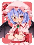  :o ascot bat_wings blue_hair blush bow brooch center_frills crossed_arms frilled_shirt_collar frilled_sleeves frills hat hat_ribbon heart highres jewelry looking_to_the_side mob_cap open_mouth outline outside_border puffy_short_sleeves puffy_sleeves red_background red_bow red_eyes remilia_scarlet ribbon short_hair short_sleeves simple_background solo suwa_yasai touhou tsurime upper_body wings wrist_cuffs 