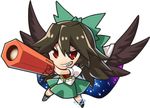  bangs black_hair black_legwear bow brown_wings cape chibi control_rod eyebrows_visible_through_hair full_body green_bow green_skirt hair_between_eyes hair_bow long_hair nobori_ranzu red_eyes reiuji_utsuho sharp_teeth shirt short_sleeves simple_background skirt smirk solo teeth touhou white_background white_shirt wings 