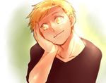  alphonse_elric black_shirt blonde_hair fullmetal_alchemist green_background hand_on_own_cheek happy looking_to_the_side male_focus shirou_(vista) shirt simple_background smile solo white_background yellow_eyes 