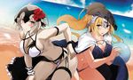  bare_shoulders beach bent_over bikini blonde_hair blue_eyes blush body_writing breasts cape cleavage cloud day fate/grand_order fate_(series) headpiece jeanne_d'arc_(alter)_(fate) jeanne_d'arc_(fate) jeanne_d'arc_(fate)_(all) large_breasts multiple_girls navel outdoors pale_skin platinum_blonde_hair ponytail sand short_hair sky swimsuit thigh_strap vane water yellow_eyes 