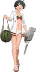  bikini black_hair food fruit full_body kantai_collection midriff mismatched_bikini mogami_(kantai_collection) multicolored_bikini_top navel official_art sandals shibafu_(glock23) short_hair smile sweater swimsuit transparent_background turret watermelon white_bikini_bottom 