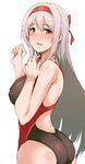  alternate_costume ass bad_id bad_pixiv_id bangs blush breasts brown_eyes commentary_request competition_swimsuit covered_nipples eyebrows_visible_through_hair from_side hairband headband highres kantai_collection large_breasts long_hair looking_at_viewer one-piece_swimsuit open_mouth shoukaku_(kantai_collection) silver_hair simple_background smile solo standing suisen_toire_(moko924) swimsuit white_background 