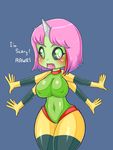  animal_humanoid anthro arachnid arthropod basketgardevoir black_sclera blush breasts clothing english_text fangs female green_eyes hair horn humanoid leotard multi_arm multi_limb navel nintendo nipple_bulge pink_hair pok&eacute;mon simple_background solo spider spider_humanoid spinarak text thick_thighs video_games wide_hips 