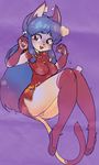  2017 5_fingers anthro bell big_eyes blue_hair breasts cat cheek_tuft chinese_clothing chinese_dress clothing dress eyeshadow feline female floating footwear gloves_(marking) hair inner_ear_fluff long_hair looking_at_viewer makeup mammal markings moyamoya_kuroi nipple_bulge ranma_1/2 shampoo_(ranma_1/2) shoes simple_background socks_(marking) solo tuft 