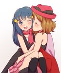  black_legwear blue_eyes blue_hair blush brown_hair closed_eyes hair_ornament hat hikari_(pokemon) kiss long_hair metalmorag multiple_girls one_eye_closed open_mouth pokemon pokemon_(anime) pokemon_xy_(anime) serena_(pokemon) short_hair sitting yuri 