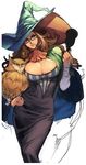  1girl animal bird breasts brown_hair cleavage dress female glasses grand_knights_history hand_on_hip hat holding huge_breasts long_hair muse_cromwell oda_non owl red_eyes smile solo standing witch_hat 