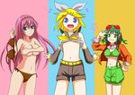  3girls blonde_hair blue_eyes blush breasts covering covering_breasts detached_sleeves green_eyes green_hair grin gumi hair_ribbon hairband hairclip hand_on_hip holding kagamine_rin large_breasts long_hair looking_at_viewer megurine_luka multiple_girls n2m3 navel no_bra no_nose open_mouth pink_hair ribbon short_hair shorts smile topless underboob vocaloid 