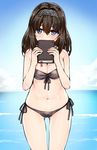  ass_visible_through_thighs bikini black_bikini blue_eyes blue_sky book book_to_mouth breasts brown_hair cleavage cloud cloudy_sky covering_mouth cowboy_shot day fingernails front-tie_bikini front-tie_top groin hair_between_eyes hair_ornament hairband hairclip hands_up holding holding_book idolmaster idolmaster_cinderella_girls kuro_(kuronell) large_breasts long_fingernails long_hair looking_at_viewer navel ocean outdoors sagisawa_fumika side-tie_bikini sky solo standing stomach strapless strapless_bikini swimsuit water 