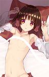  areola_slip areolae bow breasts brown_hair detached_sleeves hair_bow hakurei_reimu highres long_hair looking_at_viewer lying navel on_back red_bow red_eyes red_skirt ribbon-trimmed_sleeves ribbon_trim sarashi skirt small_breasts solo topless touhou zuttokodomo 