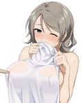  areolae blue_eyes blush breast_poke breasts brown_hair covered_nipples covering covering_mouth highres large_breasts love_live! love_live!_sunshine!! nude_cover one_eye_closed poking see-through see-through_silhouette short_hair simple_background solo_focus towel tsukasa_(tsukasunshine) upper_body watanabe_you white_background 