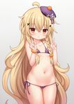  ass_visible_through_thighs bangs bikini blonde_hair bracelet breasts cowboy_shot double_v flower_knight_girl grey_background hair_between_eyes hair_ornament halter_top halterneck hat highres jewelry kuko_(flower_knight_girl) long_hair lowleg lowleg_bikini micro_bikini mini_hat navel purple_bikini purple_hat red_eyes shiodome_oji side-tie_bikini simple_background small_breasts solo stomach swimsuit thigh_gap v very_long_hair x_hair_ornament 