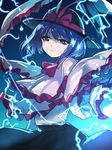  banned_artist black_hat black_skirt blue_hair bow capelet closed_mouth cowboy_shot frills hat hat_bow lightning long_sleeves looking_at_viewer nagae_iku pink_bow poko_(mammypoko) red_eyes shawl short_hair skirt smile solo touhou 