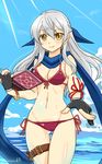  bikini black_gloves blue_scarf breasts cleavage day fingerless_gloves fire_emblem fire_emblem:_akatsuki_no_megami fire_emblem_heroes gloves groin hair_ribbon half_updo holster long_hair medium_breasts micaiah navel ocean purple_bikini ribbon scarf shiny shiny_skin side-tie_bikini silver_hair sky smile solo swimsuit thigh_holster twitter_username yellow_eyes yukia_(firstaid0) 