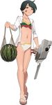  bikini black_hair food fruit full_body kantai_collection midriff mismatched_bikini mogami_(kantai_collection) multicolored_bikini_top navel official_art sandals shibafu_(glock23) short_hair sweater swimsuit tan tanline torn_clothes transparent_background turret watermelon white_bikini_bottom 