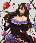  &gt;:) bare_shoulders black_dress black_gloves blue_eyes breasts brown_hair cleavage collarbone commentary_request cowboy_shot dress finger_to_mouth fishnet_legwear fishnets flower gloves granblue_fantasy hair_between_eyes hair_flower hair_ornament highres large_breasts long_hair looking_at_viewer off-shoulder_dress off_shoulder parted_lips petals pink_flower pink_rose plant purple_flower purple_rose red_flower red_rose rose rose_petals rosetta_(granblue_fantasy) smile solo v-shaped_eyebrows vines yami_kyon_oov 