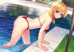  arm_support ass bangs bikini blonde_hair blue_eyes blurry blush bokeh breasts closed_mouth commentary_request day depth_of_field dutch_angle eyebrows_visible_through_hair grass hair_between_eyes highleg highleg_bikini long_hair looking_at_viewer low_twintails medium_breasts outdoors pool red_bikini ripples rodney_(zhan_jian_shao_nyu) sideboob smile solo sparkle swimsuit thighs thong_bikini tiled twintails wading water_drop wet xiaoyin_li zhan_jian_shao_nyu 