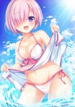  bikini breasts cleavage cowboy_shot fate/grand_order fate_(series) front-tie_top hair_over_one_eye highres looking_at_viewer mash_kyrielight medium_breasts open_mouth pink_hair purple_eyes short_hair side-tie_bikini swimsuit swimsuit_of_perpetual_summer umitonakai wading water white_bikini 