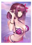  alternate_hair_length alternate_hairstyle arm_up bare_shoulders bikini bracelet breasts brown_hair fate/grand_order fate_(series) flower groin hair_flower hair_ornament jewelry looking_at_viewer medium_breasts mins_(minevi) purple_bikini red_eyes scathach_(fate)_(all) scathach_(swimsuit_assassin)_(fate) short_hair smile solo swimsuit 