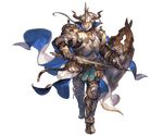  armor armored_boots baotorda blonde_hair blue_eyes boots cape draph full_body gauntlets gloves granblue_fantasy helmet horns male_focus minaba_hideo shield solo sword transparent_background weapon 