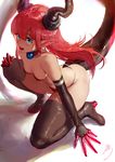  bangs bare_shoulders bikini black_gloves black_legwear blue_eyes breasts commentary elbow_gloves elizabeth_bathory_(brave)_(fate) elizabeth_bathory_(fate)_(all) fate/extra fate/extra_ccc fate_(series) gloves high_heels highres hoojiro horse kneeling long_hair medium_breasts open_mouth pointy_ears red_bikini red_hair silver_trim simple_background solo swimsuit symbol_commentary tail thighhighs white_background 