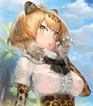  animal_ears aos blonde_hair blue_sky bow bowtie breasts cloud cloudy_sky covered_nipples day elbow_gloves eyebrows_visible_through_hair from_below gloves jaguar_(kemono_friends) kemono_friends large_breasts looking_at_viewer nipples outdoors parted_lips see-through short_hair sky solo sweat tsurime underbust 