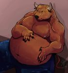 anthro belly big_belly bovine brown_fur cattle chubby_cheeks clothed clothing fur hand_on_stomach hooved_fingers horn male mammal musclegut muscular muscular_male navel nipples obese obese_male onefetishtoomany overweight overweight_male sitting solo tail_tuft thick_thighs topless tuft 