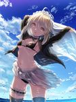  apron arms_up artoria_pendragon_(all) artoria_pendragon_(swimsuit_rider_alter) ass_visible_through_thighs backlighting bikini black_bikini black_legwear blonde_hair blue_sky breasts choker cloud cloudy_sky cowboy_shot day fate/grand_order fate_(series) fisheye frilled_apron frills holding hood hoodie leg_garter legs_apart long_sleeves looking_at_viewer maid_headdress navel ocean open_clothes open_hoodie outdoors outstretched_arms parted_lips see-through short_hair sky small_breasts smile solo swimsuit thighhighs thighs waist_apron water_drop yasuyuki yellow_eyes 