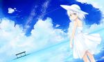  blush closed_mouth cloud cloudy_sky day dress eyebrows_visible_through_hair haruki_(colorful_macaron) looking_at_viewer ocean original short_hair sky smile solo twitter_username water white_dress white_hair yellow_eyes 