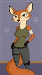  2017 anthro belt breasts canine clothing female fox looking_at_viewer mammal pants pouch shirt skateryena smile solo spark_a_space_tail_(film) vix 