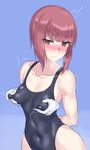  arms_behind_back bare_shoulders blush breasts covered_navel covered_nipples highres huge_nipples kantai_collection mizuumi_(bb) one-piece_swimsuit puffy_nipples purple_eyes purple_hair short_hair_with_long_locks small_breasts solo swimsuit z3_max_schultz_(kantai_collection) 