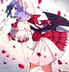  bare_shoulders bat_wings brooch cravat detached_collar dress fang_out gloves highres jewelry kneeling lavender_hair leaning_forward petals pink_dress profile red_eyes red_ribbon remilia_scarlet ribbon rose_petals shibuki_kamone smile solo touhou white_gloves wings 