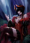  bare_shoulders black_hair black_legwear breasts cleavage commentary_request crossed_legs demon_horns detached_sleeves dress eliza_(tekken) flower from_side horns lace lace-trimmed_thighhighs long_sleeves looking_at_viewer looking_to_the_side medium_breasts nail_polish pale_skin phamoz red_dress red_flower red_nails red_rose rose short_dress short_hair short_hair_with_long_locks sidelocks smile solo tekken tekken_7 tekken_revolution thighhighs yellow_eyes 