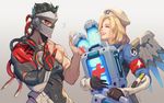  1girl alternate_costume beret black_hair blackwatch_genji blonde_hair closed_eyes combat_medic_ziegler cyborg genji_(overwatch) hands_up hat mask mechanical_wings mercy_(overwatch) open_mouth overwatch sae_(revirth) smile spiked_hair upper_body wings 