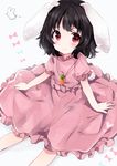  animal_ears black_hair bunny bunny_ears bunny_tail carrot_necklace dress heart heart-shaped_pupils inaba_tewi jewelry necklace pink_dress red_eyes short_hair short_sleeves smile solo symbol-shaped_pupils tail touhou uguisu_mochi_(ykss35) 