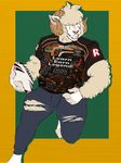  anthro badweave ball barefoot bowen_whitehooves caprine clothing digital_media_(artwork) fluffy fur hi_res holding_ball holding_object male mammal merino rugby rugby_ball sheep shirt simple_background smile solo standing white_fur wool 