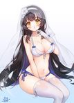  bikini black_hair blue_background blue_bow blush bow feet_out_of_frame flower girls_frontline gloves gradient gradient_background hair_flower hair_ornament hairband invisible_chair long_hair looking_at_viewer navel pong_(vndn124) qbz-95_(girls_frontline) side-tie_bikini signature sitting smile solo swimsuit thighhighs veil white_background white_bikini white_gloves white_hairband white_legwear yellow_eyes 
