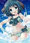  :d animal_ears bikini blush cameltoe dog_ears dog_tail fang green_bikini green_eyes green_hair kasodani_kyouko open_mouth short_hair smile solo swimsuit tail touhou uguisu_mochi_(ykss35) wading water 