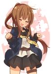  :3 =_= black_jacket black_sailor_collar black_skirt blush brown_hair cardigan clenched_hands commentary_request fumizuki_(kantai_collection) heart highres jacket kantai_collection long_hair long_sleeves neckerchief open_mouth pleated_skirt ponytail remodel_(kantai_collection) sailor_collar school_uniform serafuku skirt smile solo suzuki_toto translated yellow_neckwear 