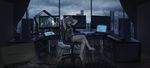  blue_eyes blue_hair book bookshelf computer crossed_legs headphones headphones_around_neck highres indoors looking_at_viewer monitor original rain reki_(irisynth) short_hair sitting solo subwoofer window 