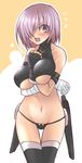  bandaged_arm bandages bare_shoulders between_breasts black_legwear black_panties blush breasts commentary_request cosplay cowboy_shot fate/apocrypha fate/grand_order fate_(series) gloves hair_over_one_eye hand_between_breasts jack_the_ripper_(fate/apocrypha) jack_the_ripper_(fate/apocrypha)_(cosplay) large_breasts looking_at_viewer lowleg lowleg_panties mash_kyrielight navel nikubanare panties purple_eyes purple_hair short_hair solo thighhighs underboob underwear 