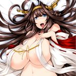  ahoge bare_shoulders bed bed_sheet breasts brown_hair cleavage collarbone double_bun hair_intakes highres huge_breasts kantai_collection kongou_(kantai_collection) long_hair looking_at_viewer lying midriff navel no_bra nontraditional_miko on_back on_bed shiny shiny_hair shiny_skin smile solo stomach tsukasawa_takamatsu upper_body 