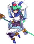  1girl android armor crotch_plate green_hair helmet pandora_(rockman) red_eyes rockman rockman_zx rockman_zx_advent staff tagme 