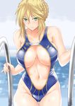  artoria_pendragon_(all) artoria_pendragon_(lancer) bangs bare_arms bare_shoulders blonde_hair blue_swimsuit blurry blurry_background braid breasts breasts_apart casual_one-piece_swimsuit center_opening climbing climbing_ladder closed_mouth collarbone colored_eyelashes commentary cowboy_shot dripping expressionless eyebrows_visible_through_hair fate/grand_order fate_(series) french_braid gachou green_eyes groin hair_between_eyes large_breasts looking_at_viewer navel one-piece_swimsuit pool pool_ladder short_hair sideboob sidelocks solo swimsuit thigh_gap water_drop wet wet_hair 