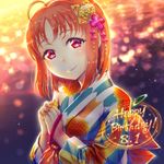  ahoge bangs blurry bokeh dated depth_of_field hair_ornament hands_together happy_birthday japanese_clothes kimono long_sleeves looking_at_viewer love_live! love_live!_sunshine!! orange_hair pouch red_eyes rymerge short_hair smile solo sparkle sunset takami_chika upper_body 