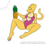  2017 anthro badgengar barefoot breasts cleavage clothed clothing digital_media_(artwork) eyes_closed feline female food fruit fur katia_managan khajiit mammal navel pineapple pose prequel simple_background solo spread_legs spreading swimsuit the_elder_scrolls under_boob video_games webcomic white_background yellow_fur zokva 